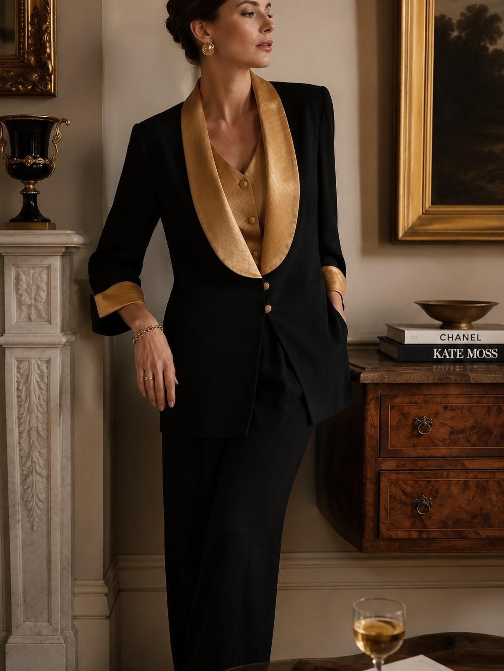 Vintage Mascara Black Gold Satin Trim Evening Blazer Jacket Size 14 Luxe Minimal